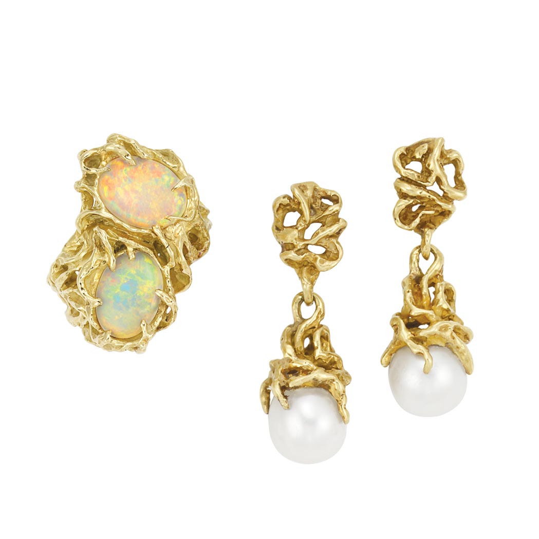 Lot image - Gold and Opal Ring, Arthur King and Pair of Gold and Cultured Pearl Pendant-Earrings