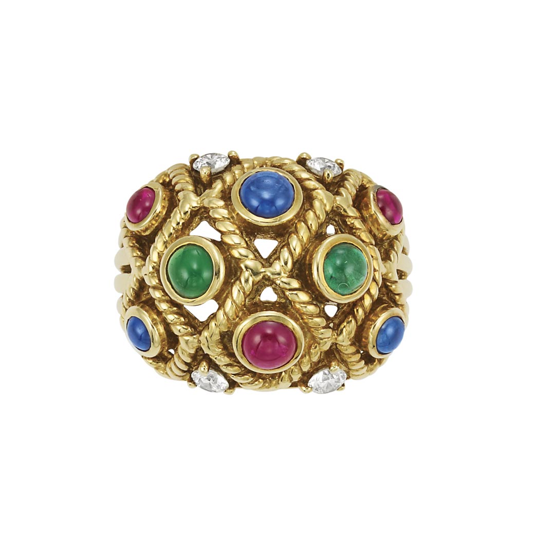 Lot image - Gold, Cabochon Colored Stone and Diamond Ring, Sabbadini