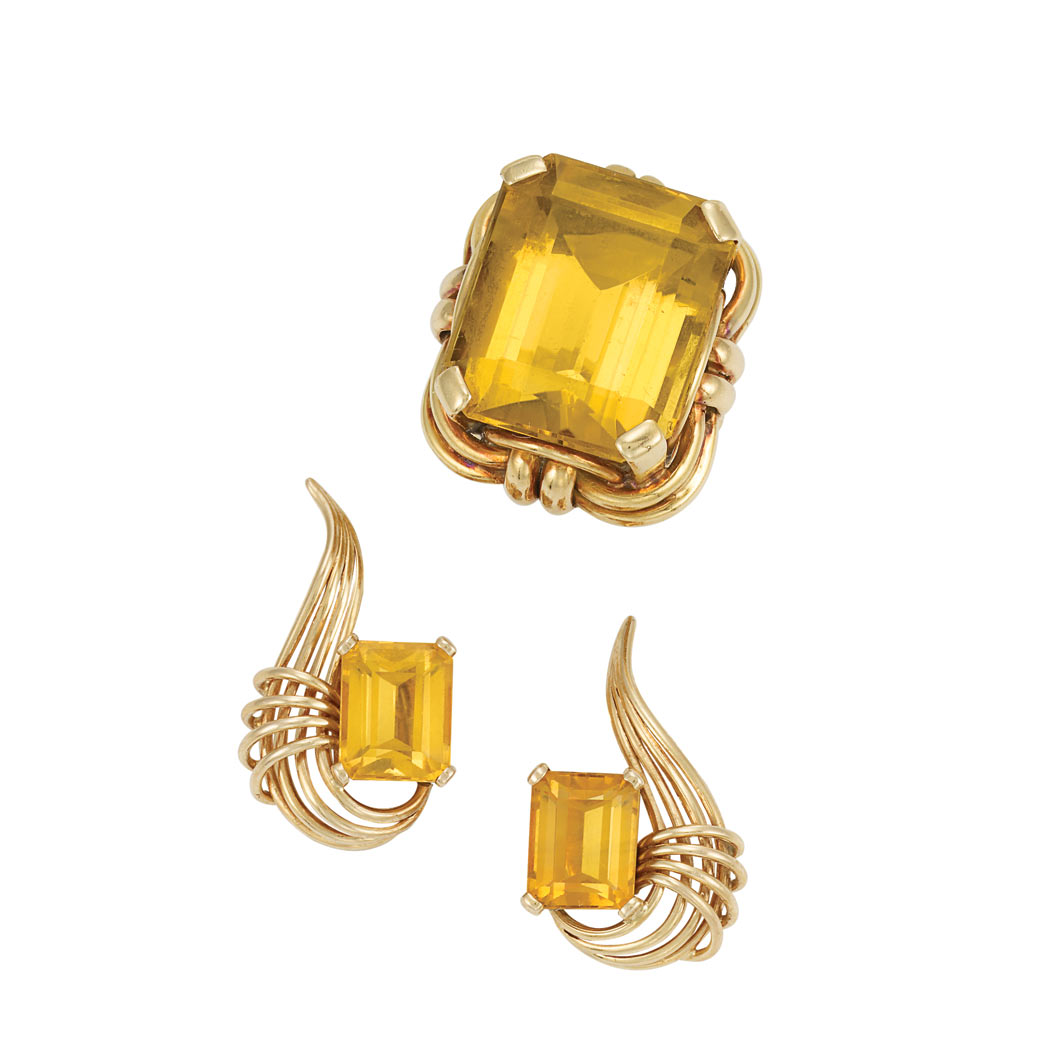 Lot image - Gold and Citrine Ring and Pair of Earclips