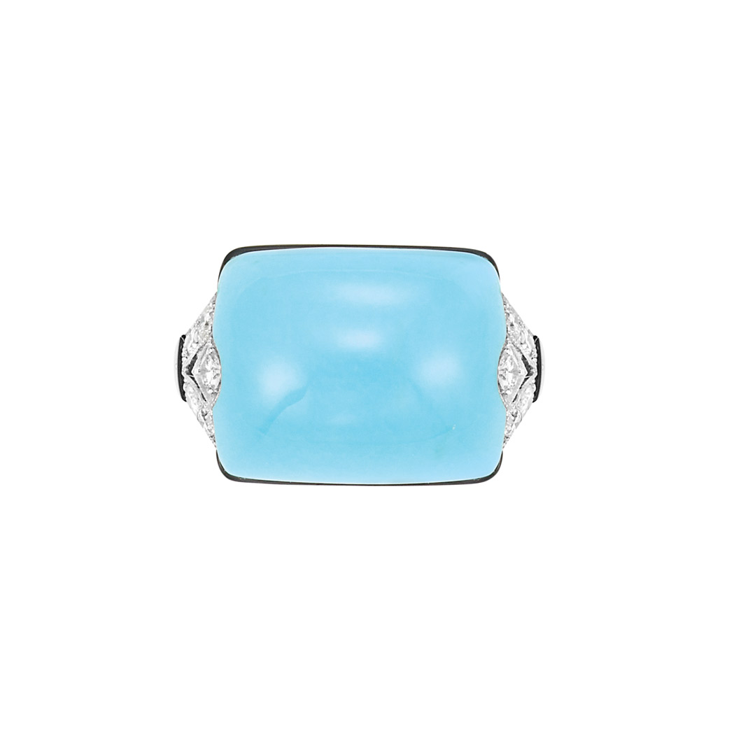 Lot image - Platinum, Cabochon Turquoise, Black Onyx and Diamond Ring