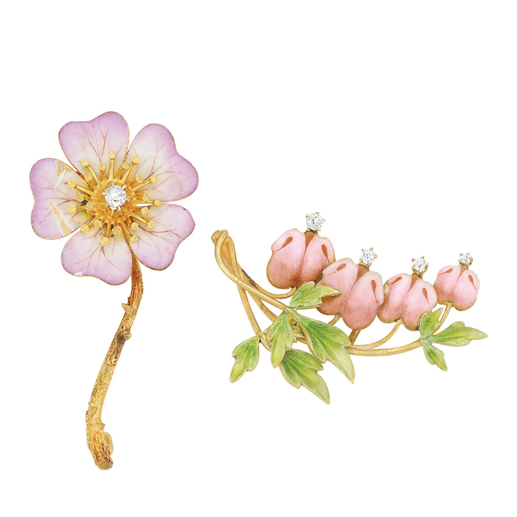 Lot image - Two Antique Gold, Enamel and Diamond Flower Pins