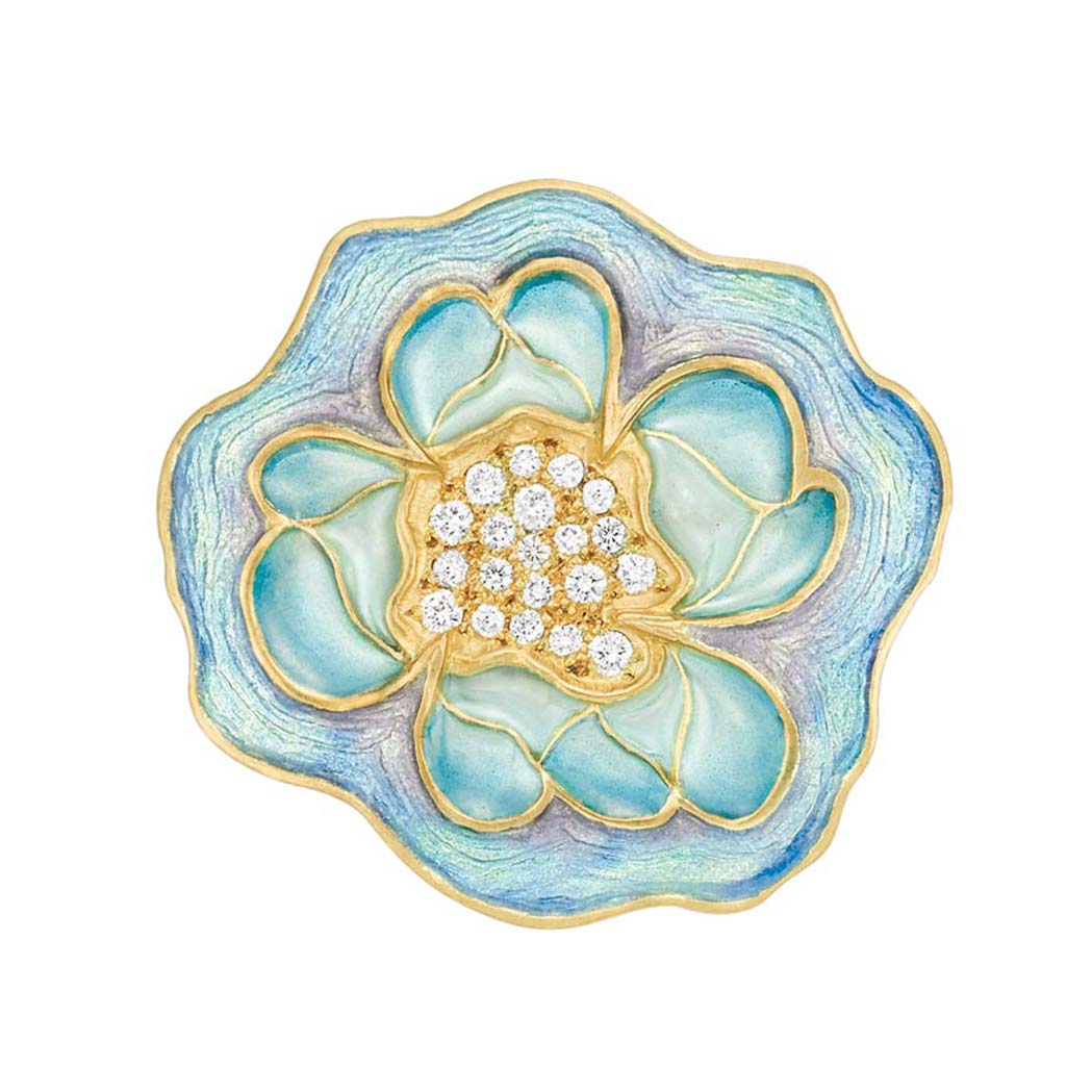 Lot image - Gold, Enamel, Plique-a-Jour Enamel and Diamond Brooch