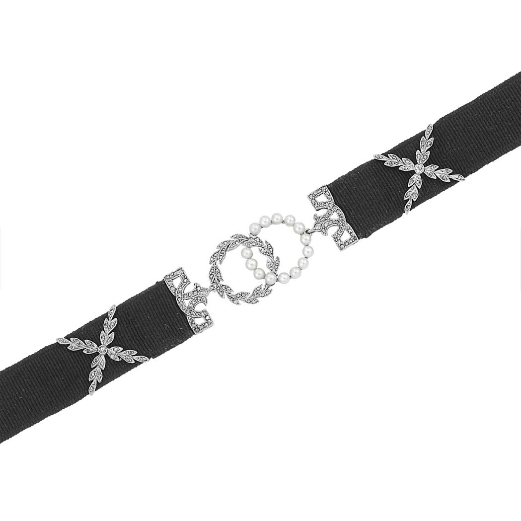 Lot image - Belle Epoque Platinum, Diamond, Pearl and Gros Grain Ribbon Bracelet