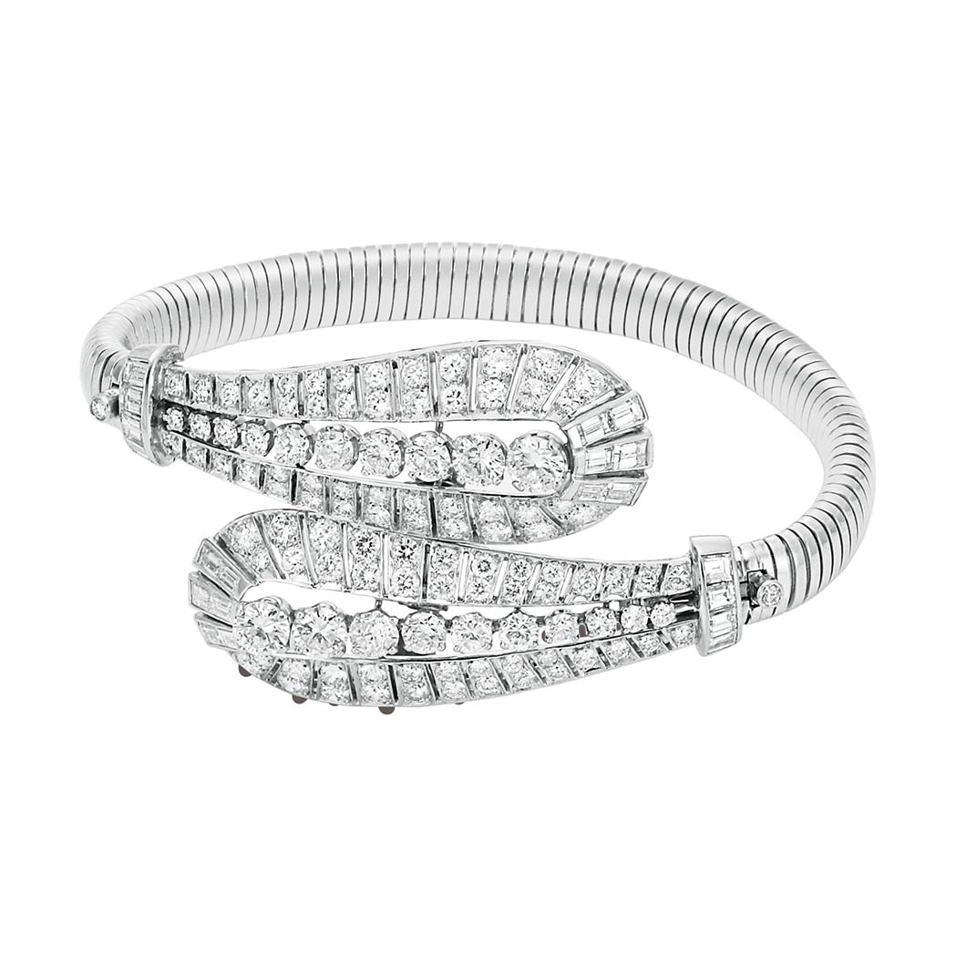 Lot image - Diamond Double-Clip Brooch with Platinum Snake Chain Necklace and and Bracelet Attachments, Van Cleef & Arpels