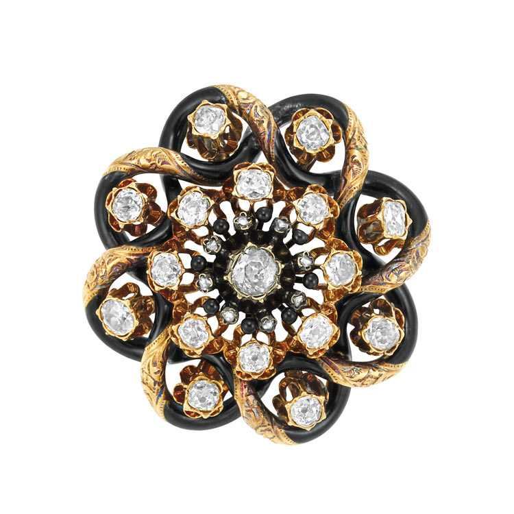 Lot image - Antique Gold, Black Enamel and Diamond Pendant-Brooch