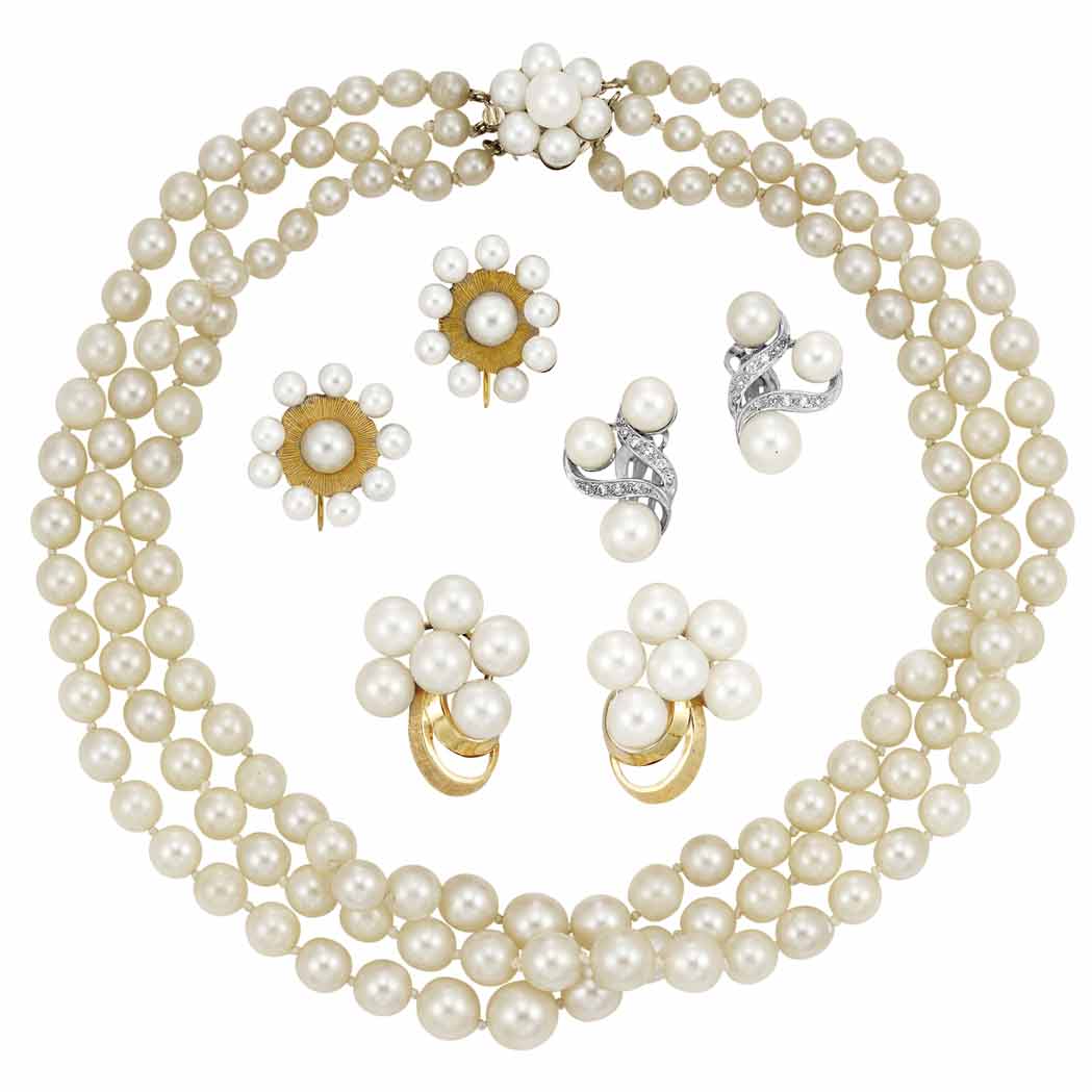 Lot image - Triple Strand Cultured Pearl Necklace and Three Pairs of Cultured Pearl Earclips