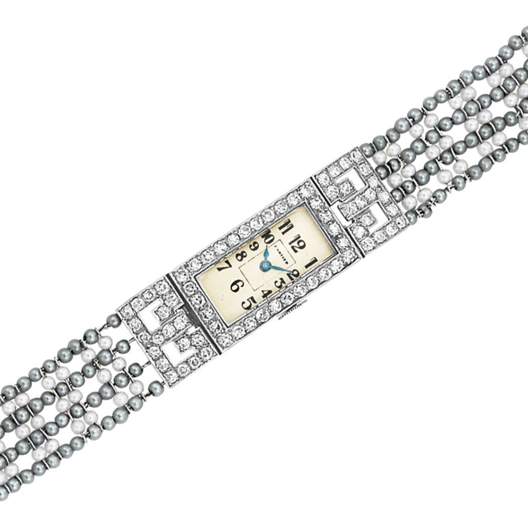 Lot image - Platinum, Diamond and Seed Pearl Wristwatch, Cartier