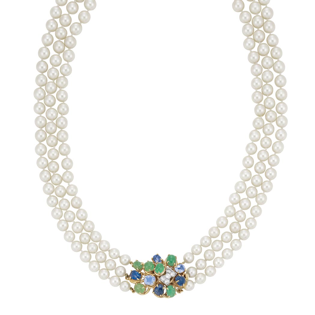 Lot image - Triple Strand Cultured Pearl Necklace with Gold, Cabochon Colored Stone and Diamond Clasp
