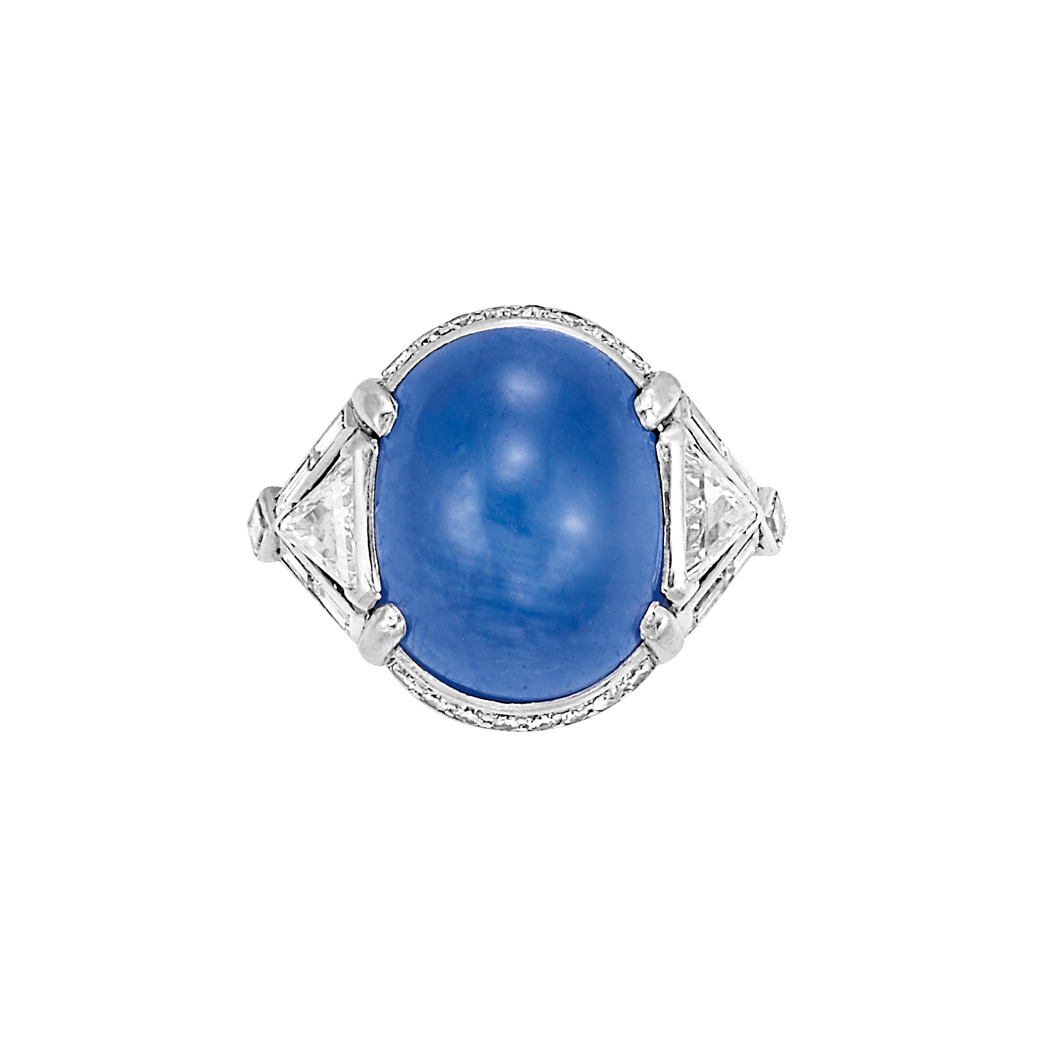 Lot image - Platinum, Star Sapphire and Diamond Ring