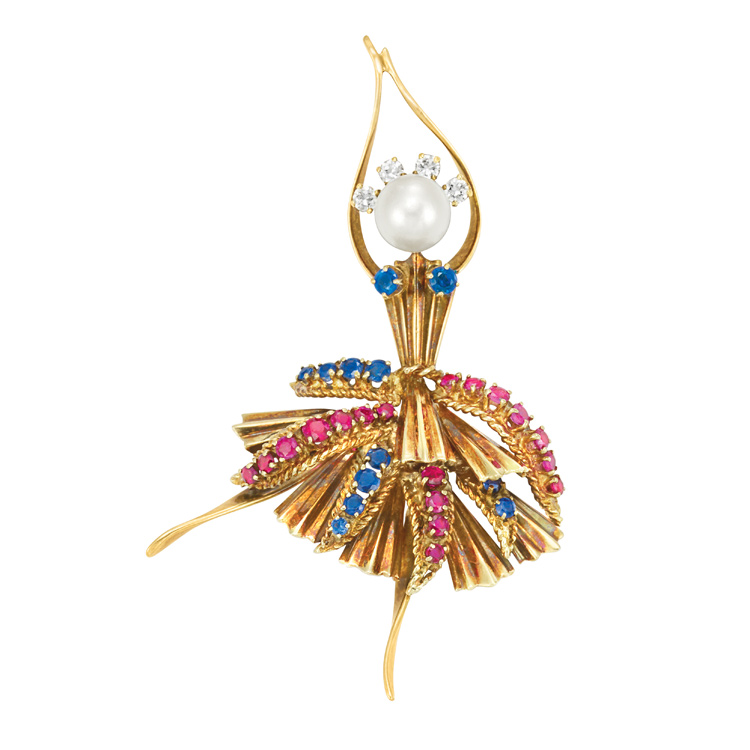 Lot image - Gold, Diamond, Ruby, Sapphire, Diamond and Cultured Pearl Ballerina Brooch