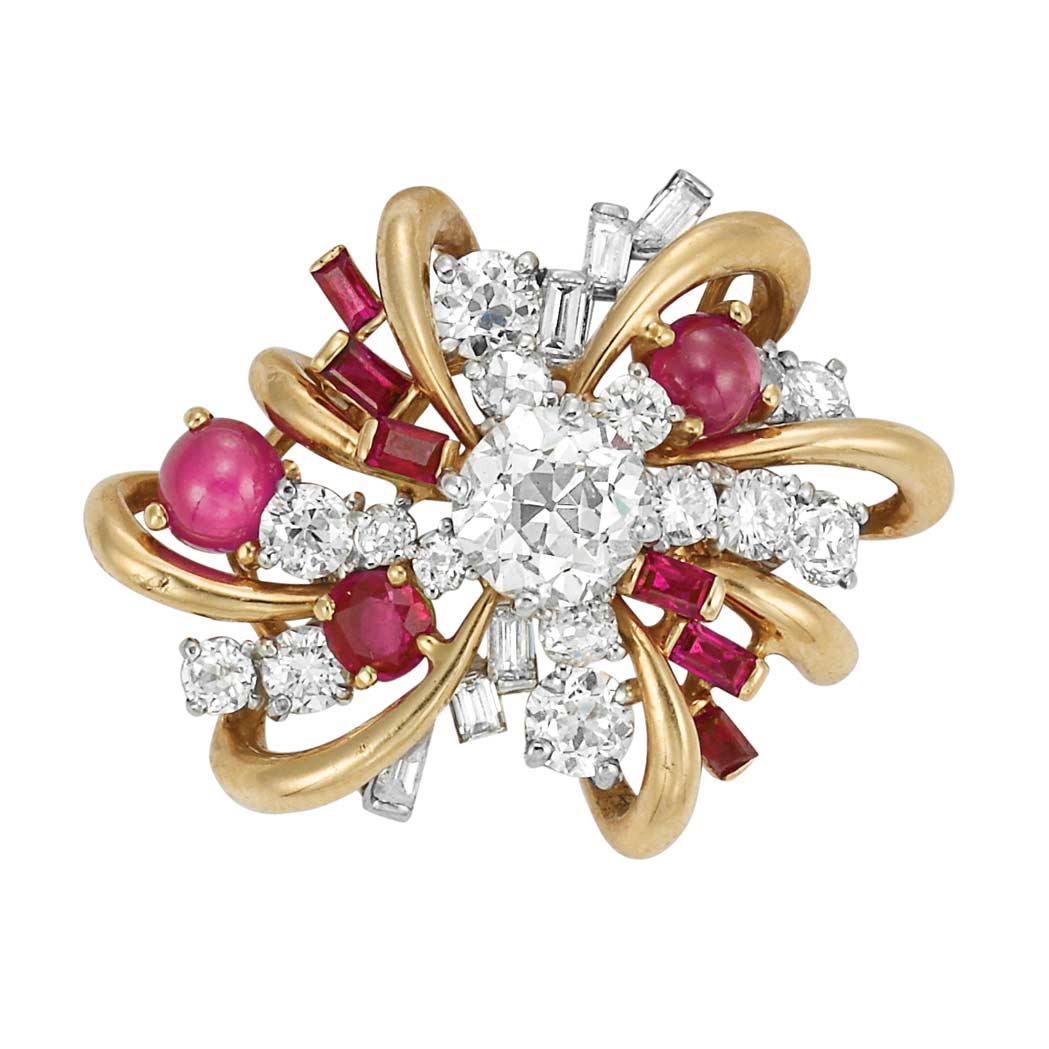 Lot image - Gold, Platinum, Diamond, Star Ruby and Ruby Brooch