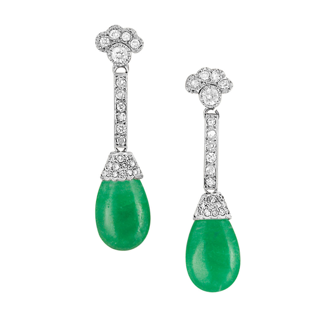 Lot image - Pair of White Gold, Diamond and Jade Pendant-Earrings