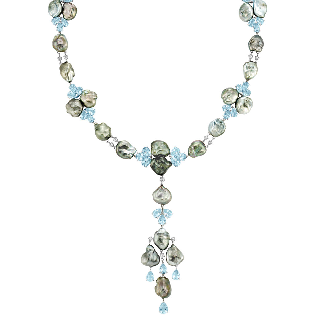 Lot image - White Gold, Black and Gray Keshi Pearl, Aquamarine and Diamond Pendant- Necklace