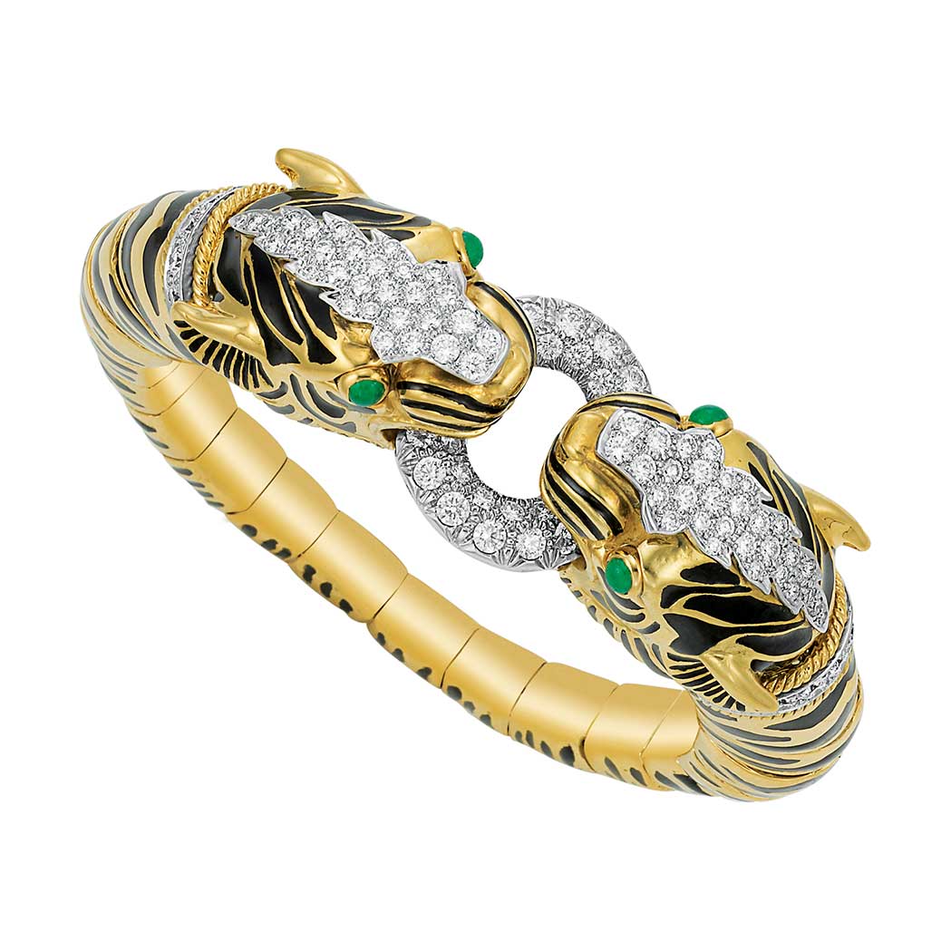 Lot image - Gold, Platinum, Black Enamel and Diamond Tiger Bangle Bracelet, David Webb