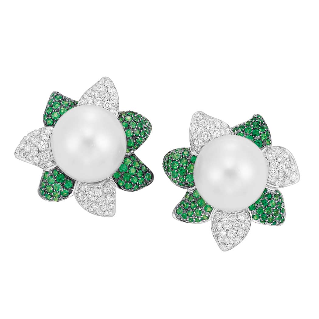 Lot image - Pair of Platinum, Cultured Pearl, Diamond and Green Garnet Flower Earclips