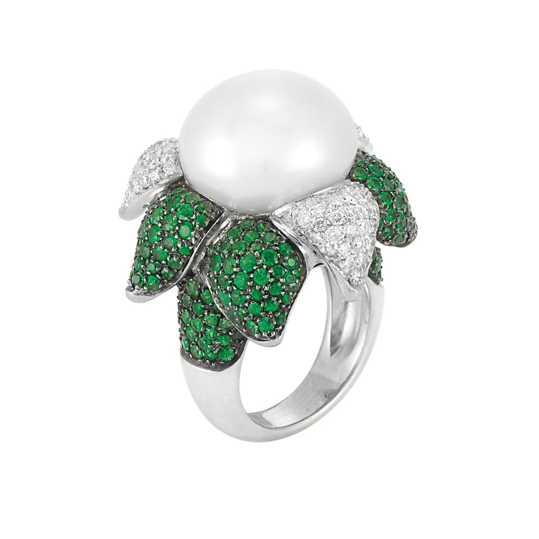 Lot image - Platinum, Cultured Pearl, Diamond and Green Garnet Flower Ring