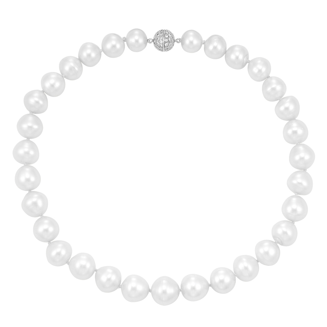 Lot image - Semi-Baroque Cultured Pearl Necklace with Diamond Ball Clasp