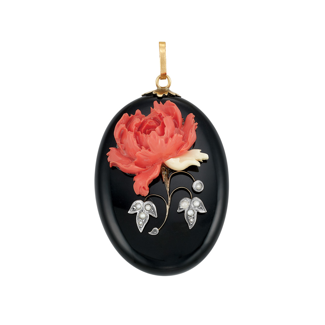 Lot image - Antique Black Onyx, Carved Coral and Split Pearl Locket