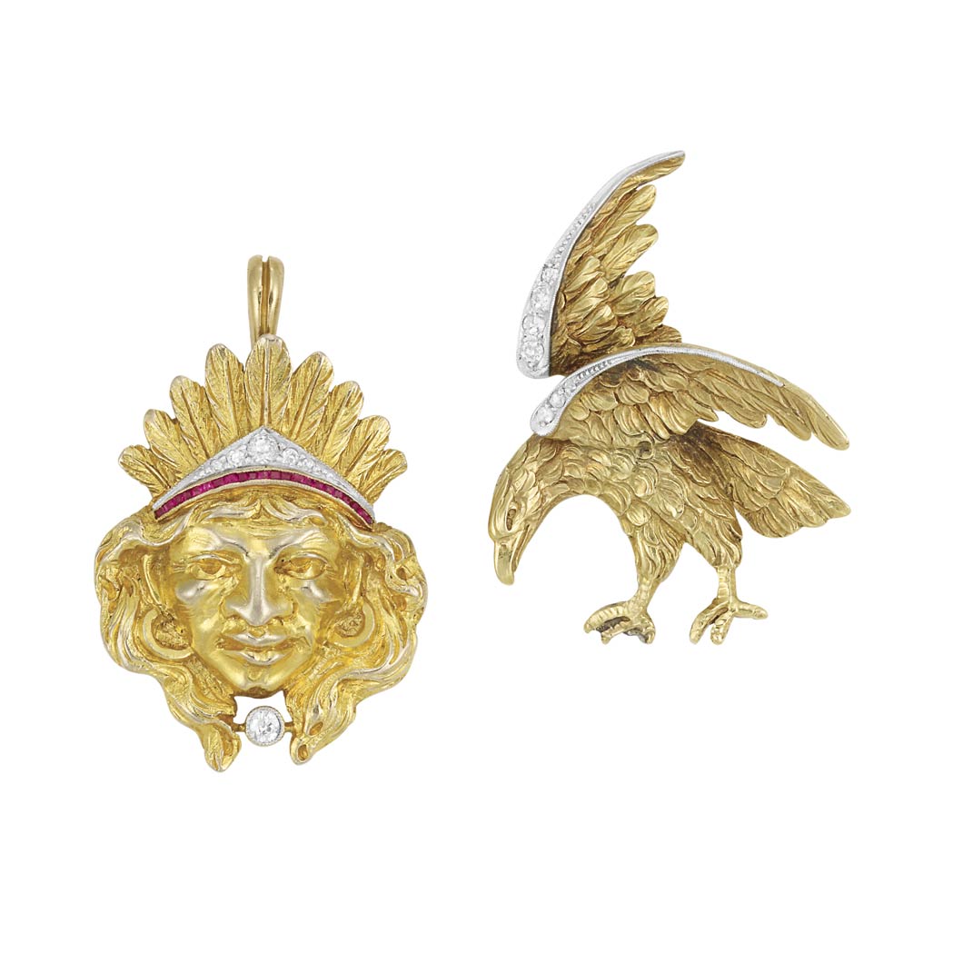 Lot image - Gold, Platinum, Ruby and Diamond Indian Head Pendant and Eagle Brooch