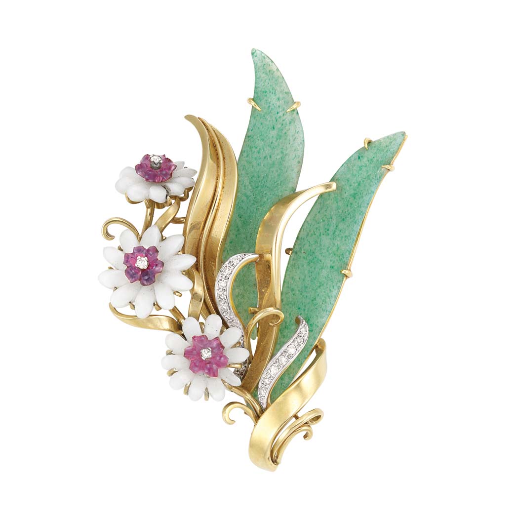 Lot image - Gold, Carved Aventurine Quartz, Light Blue Chalcedony and Pink Tourmaline and Diamond Brooch