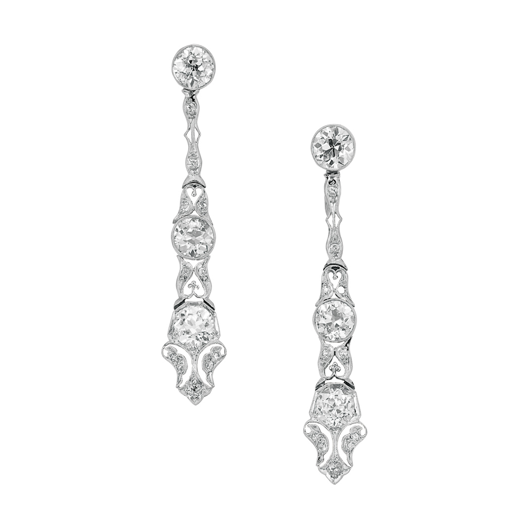 Lot image - Pair of Belle Epoque Platinum and Diamond Pendant-Earclips
