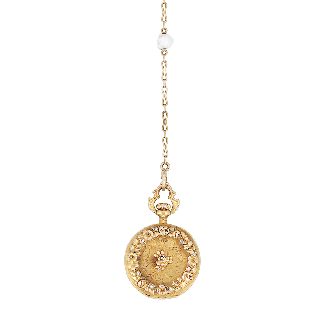 Lot image - Antique Gold and Diamond Open Face Pendant-Watch with Gold, Green Onyx and Freshwater Pearl Chain