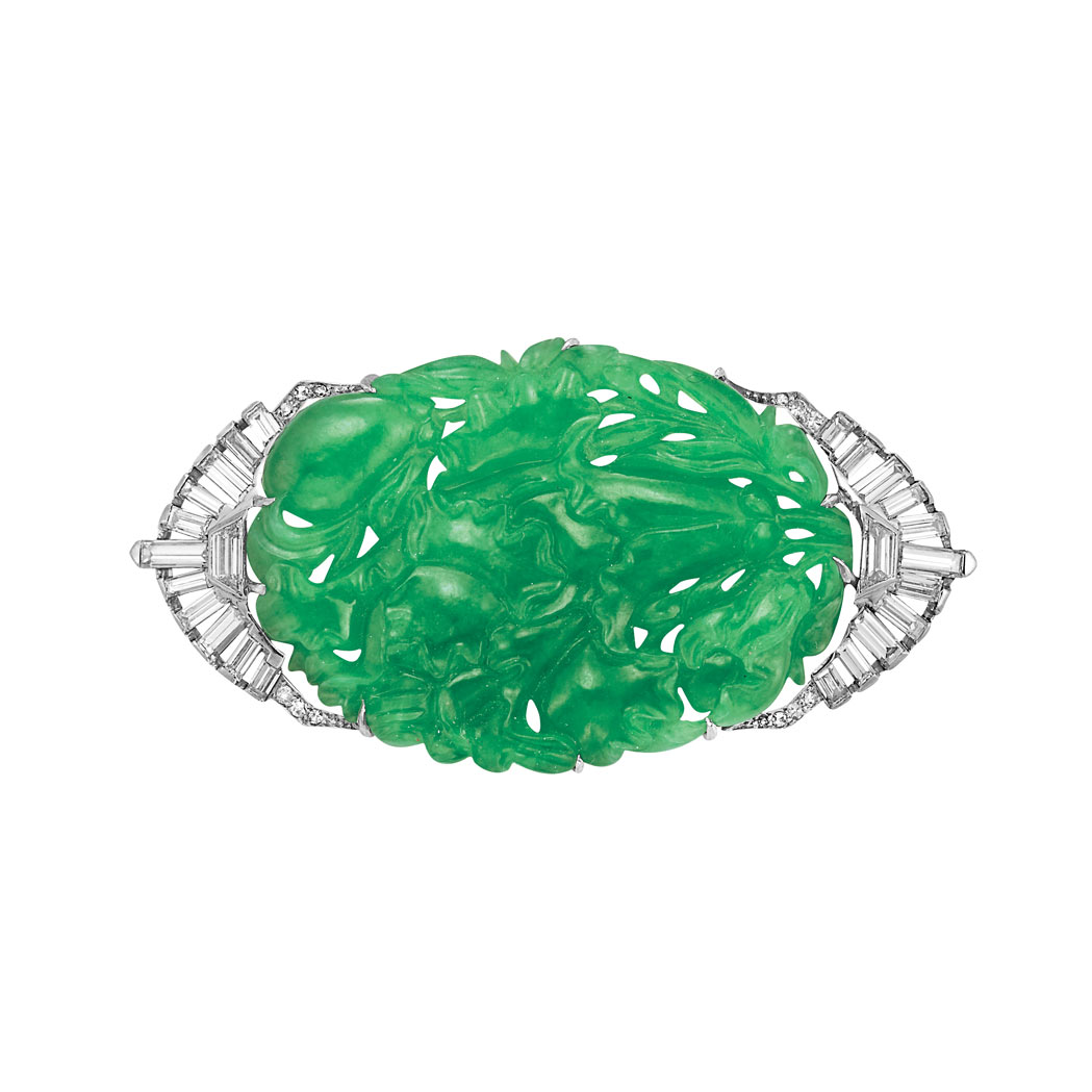 Lot image - Platinum, Carved Jade and Diamond Brooch