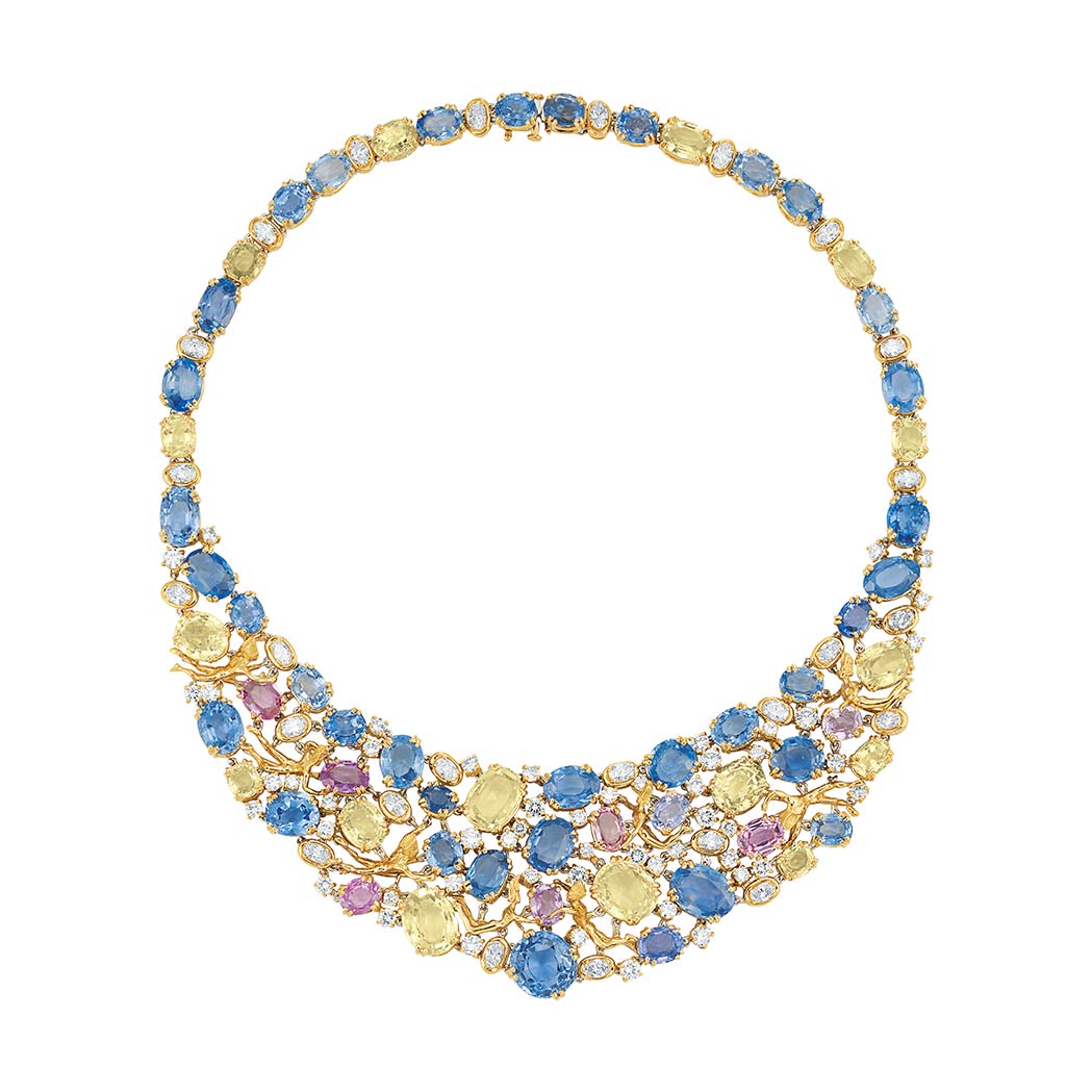Lot image - Gold, Multicolored Sapphire and Diamond Bib Necklace, Julius Cohen