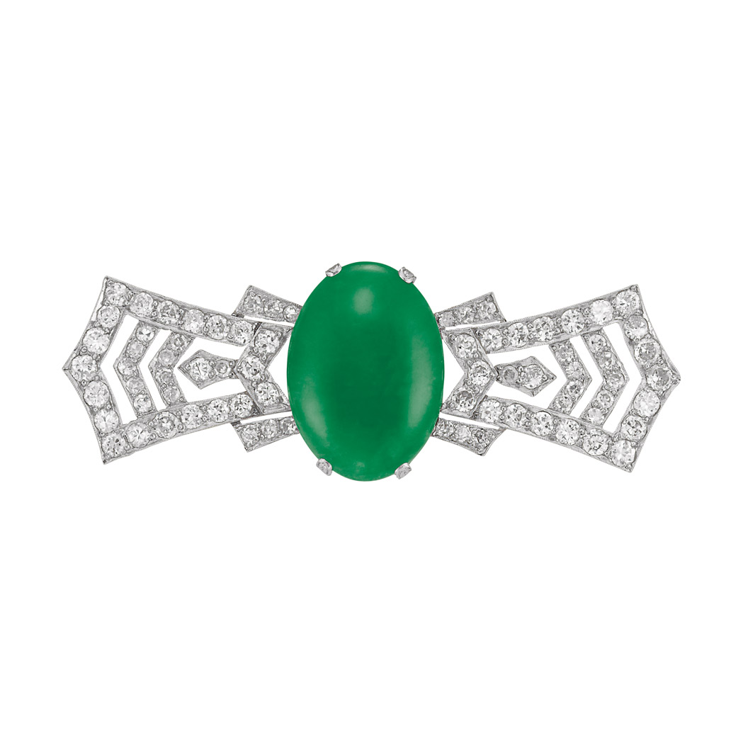 Lot image - Art Deco Jade and Diamond Brooch