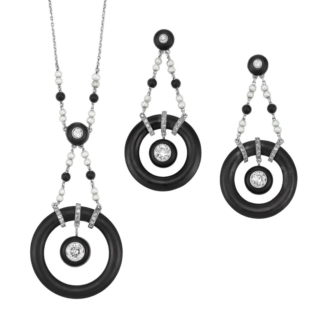 Lot image - Pair of Art Deco Platinum, Oxidized Steel, Platinum, Diamond and Pearl Pendant-Earrings and Pendant-Necklace