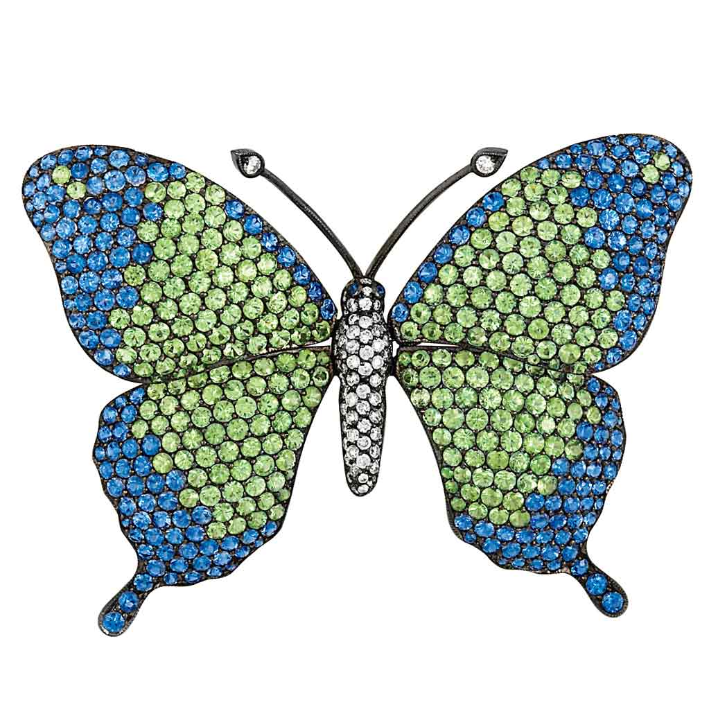 Lot image - Green Garnet, Sapphire and Diamond Butterfly Brooch
