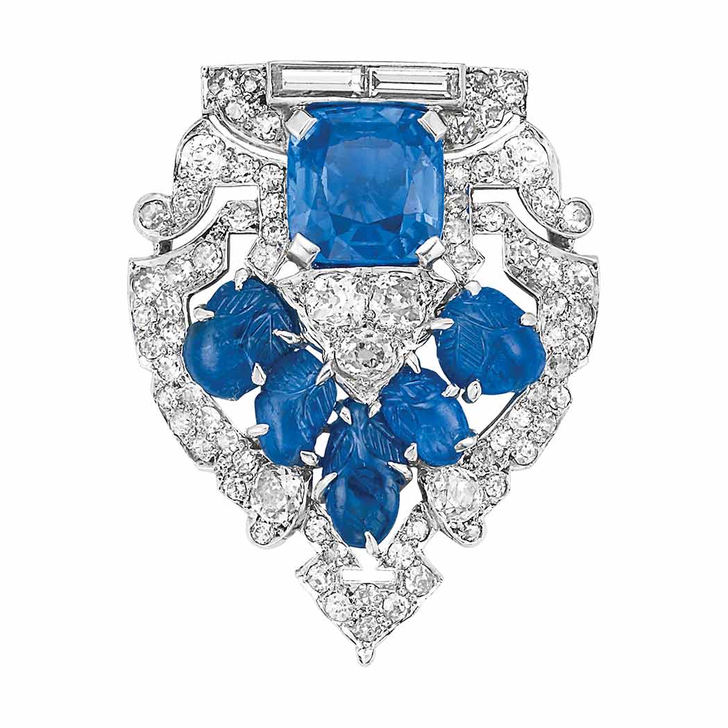 Lot image - Art Deco Platinum, Sapphire, Carved Sapphire and Diamond Clip, Cartier