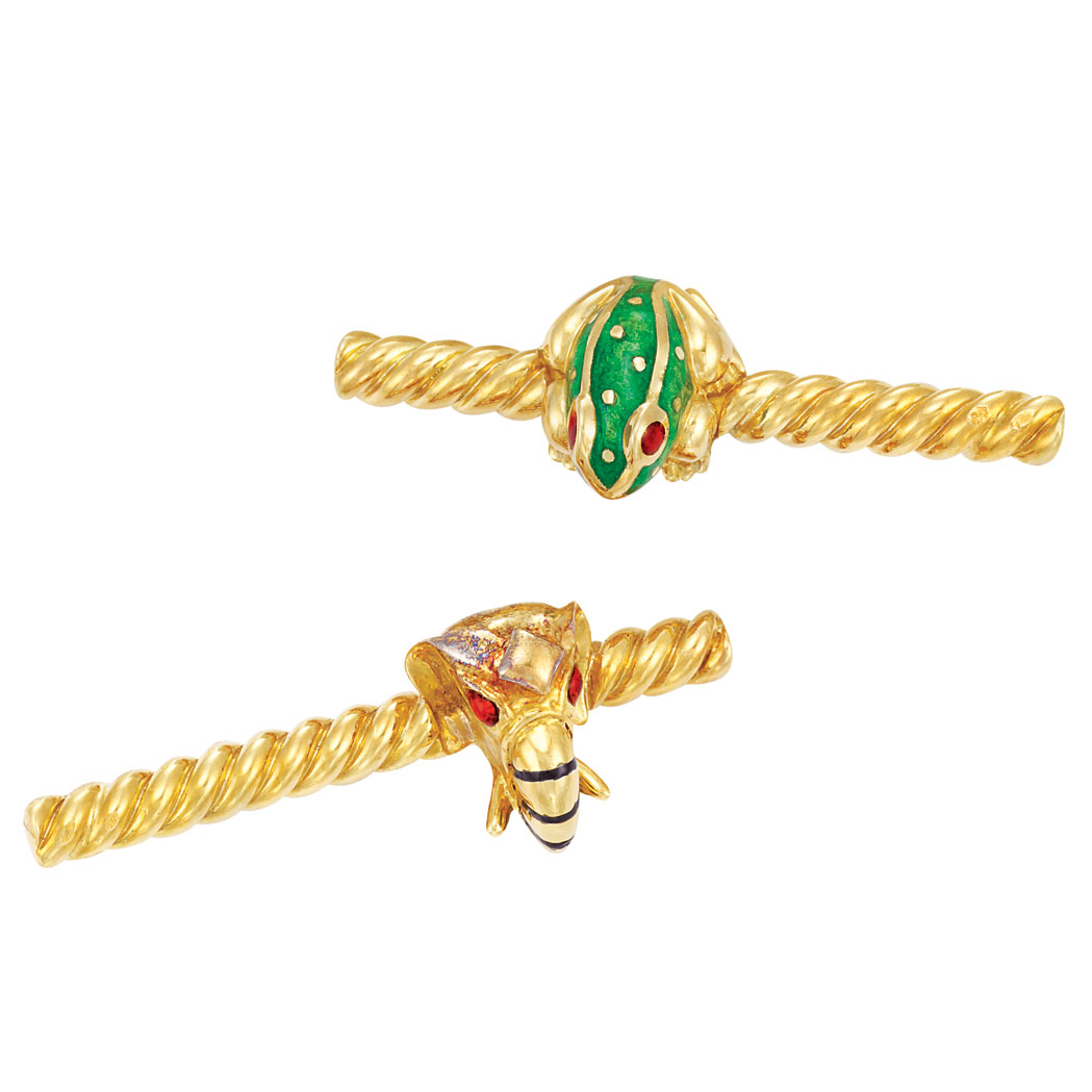 Lot image - Two Gold and Enamel Animal Tie Bar Clips, David Webb