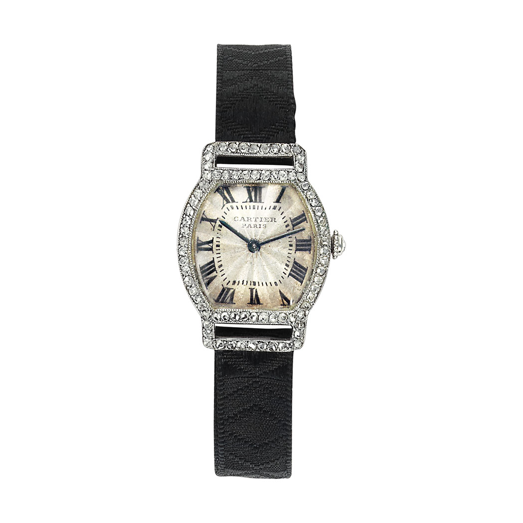 Lot image - Art Deco Platinum, Gold and Diamond and Black Ribbon Wristwatch, Cartier