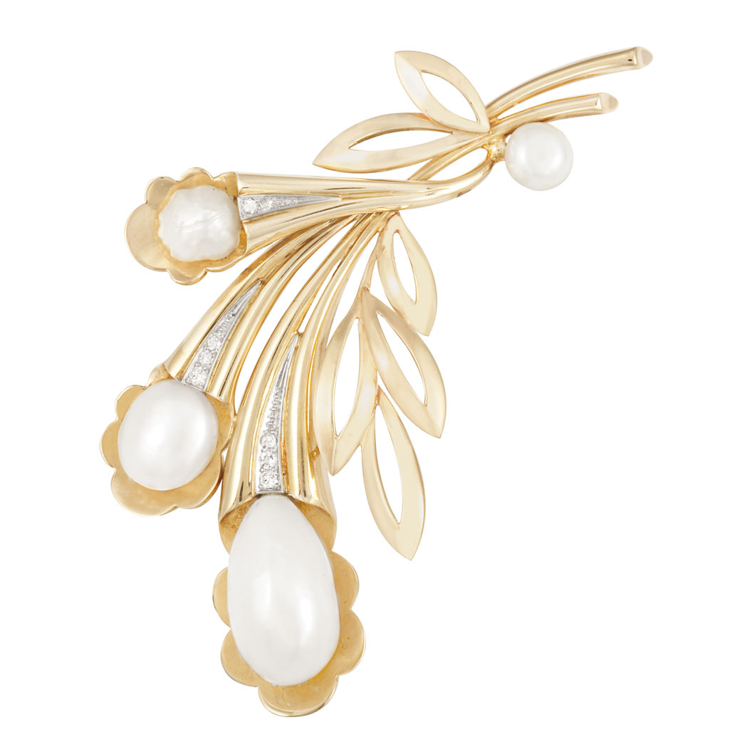 Lot image - Gold, Freshwater Pearl and Diamond Flower Clip-Brooch