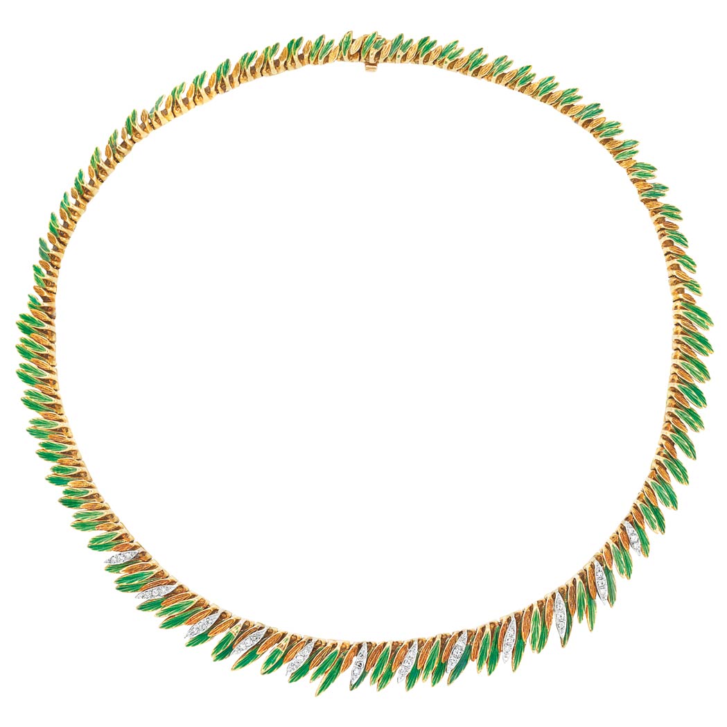 Lot image - Gold, Green Enamel and Diamond Necklace