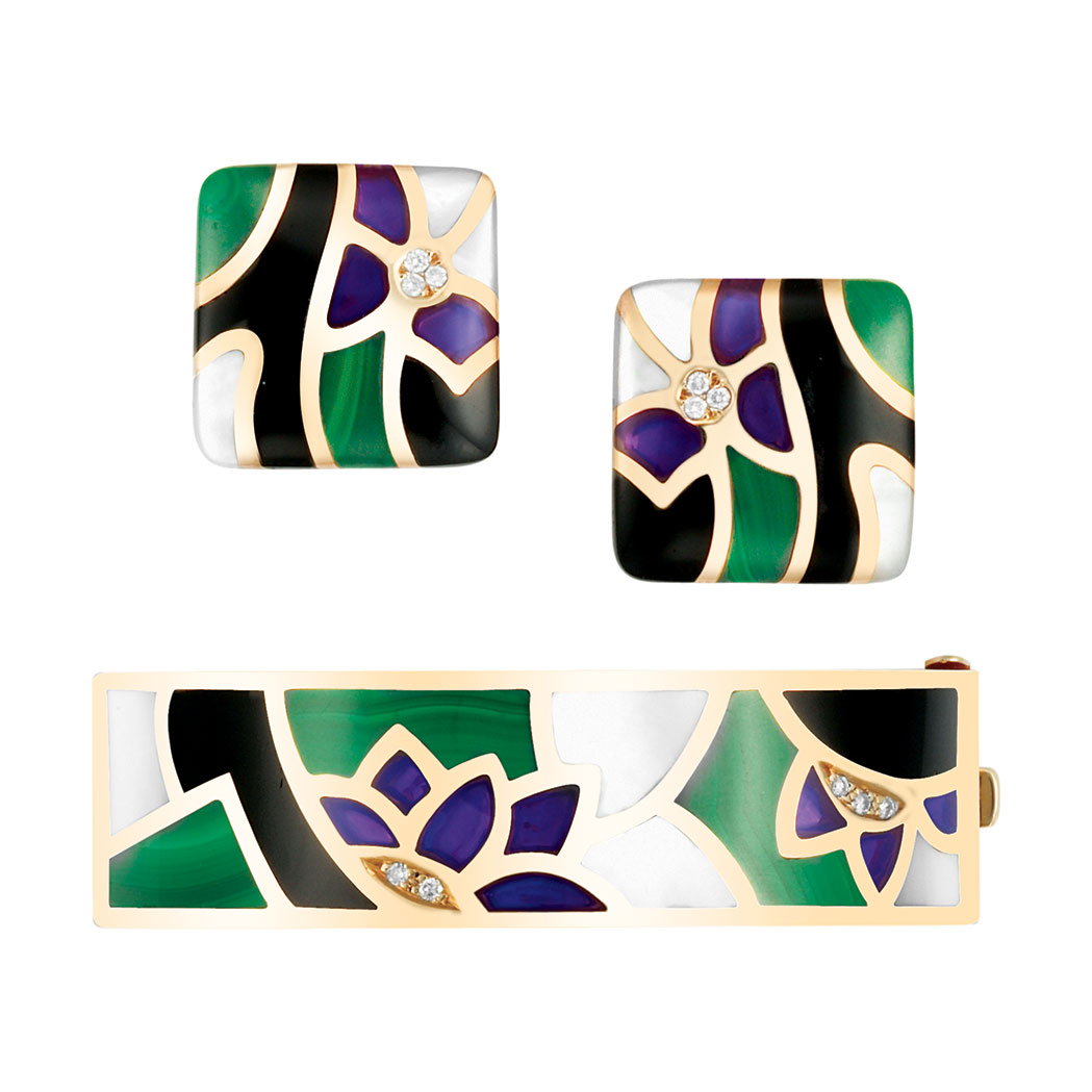 Lot image - Gold, Hardstone, Enamel and Diamond Bangle Bracelet and Pair of Earrings