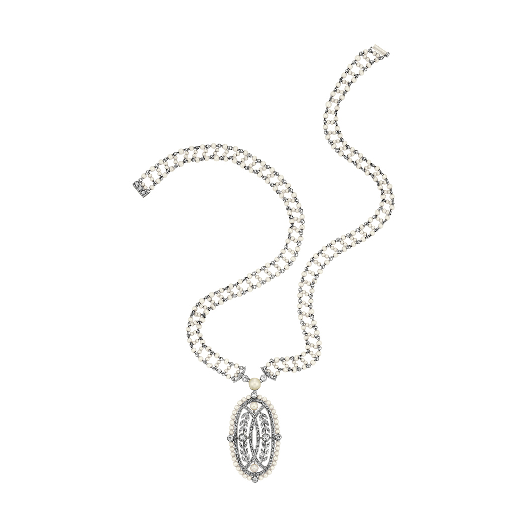 Lot image - Belle Epoque Platinum, Gold, Seed Pearl and Diamond Mesh Pendant-Necklace