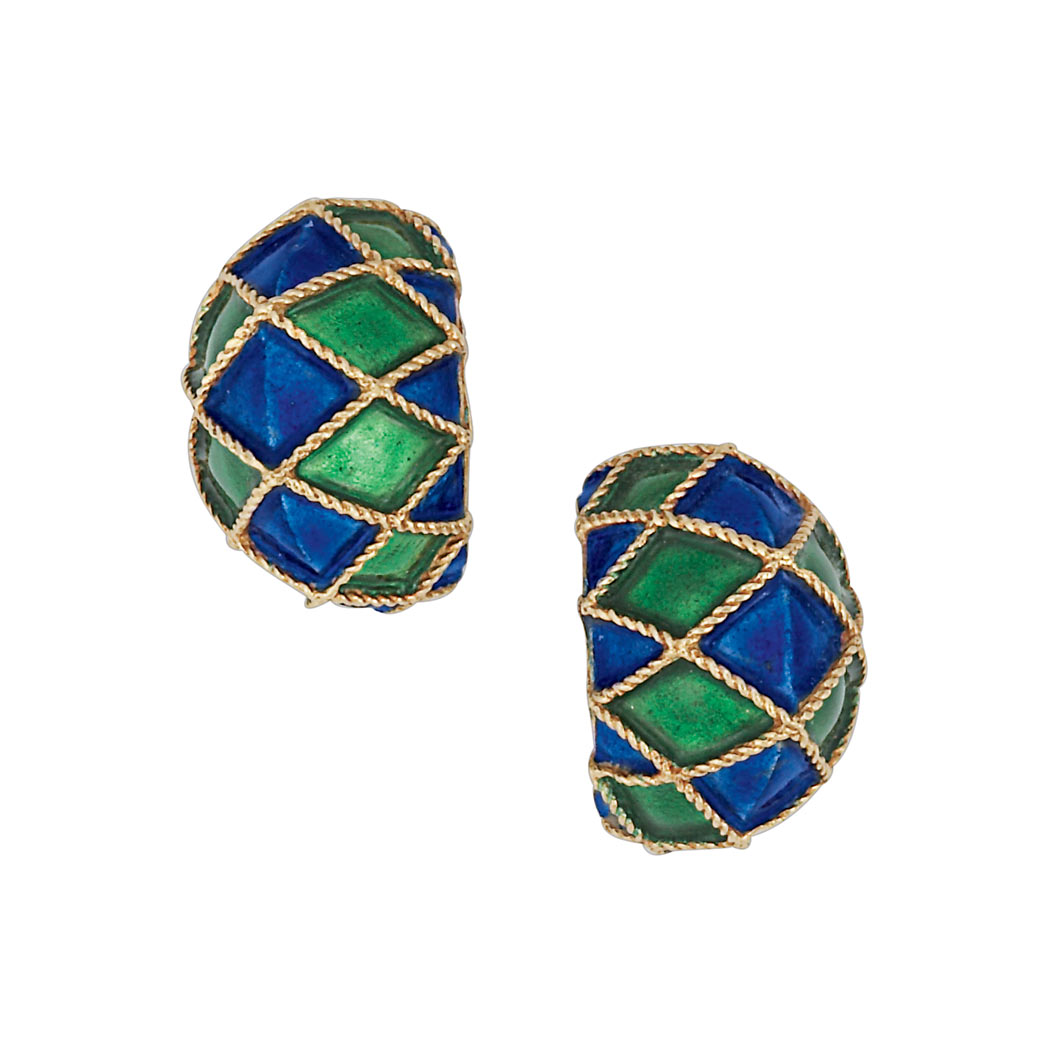 Lot image - Pair of Gold and Blue and Green Enamel Earclips, Kutchinsky