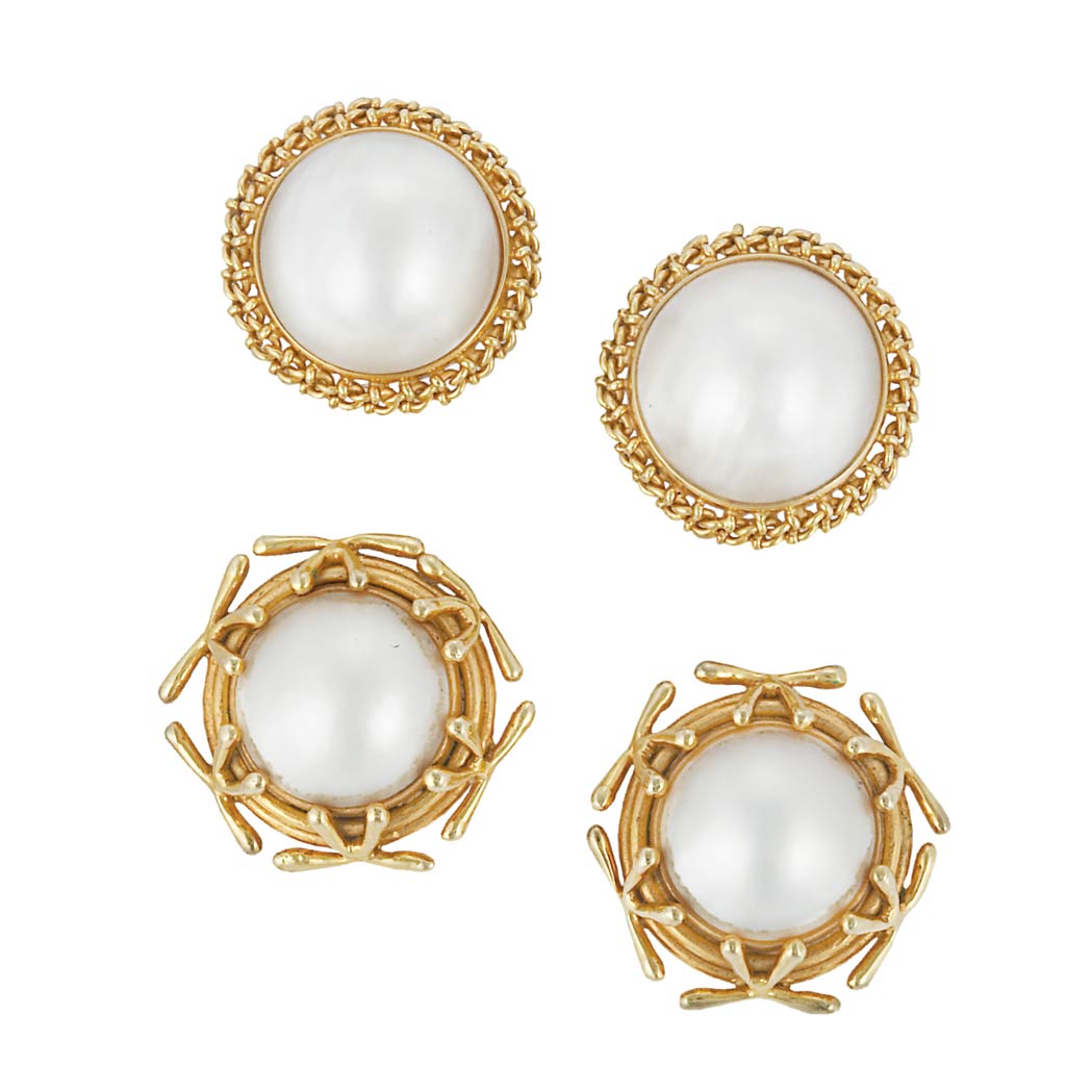 Lot image - Two Pairs of Gold and Mabe Pearl Earclips