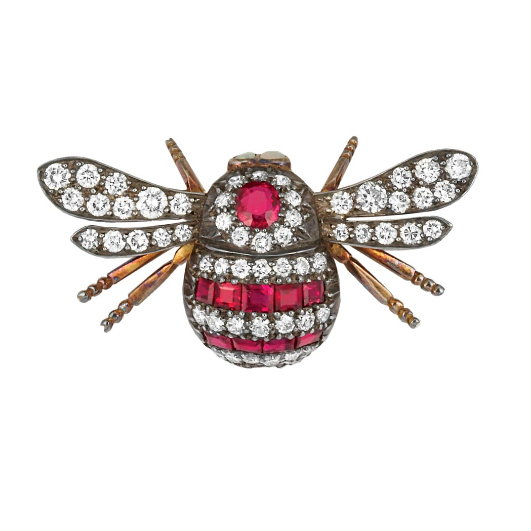 Lot image - Silver, Gold, Ruby, Diamond and Opal Insect Brooch