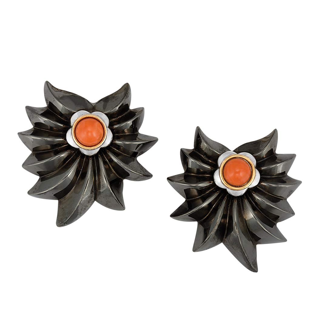 Lot image - Pair of Blackened Sterling Silver, Gold and Coral Flower Earclips, Tiffany & Co.