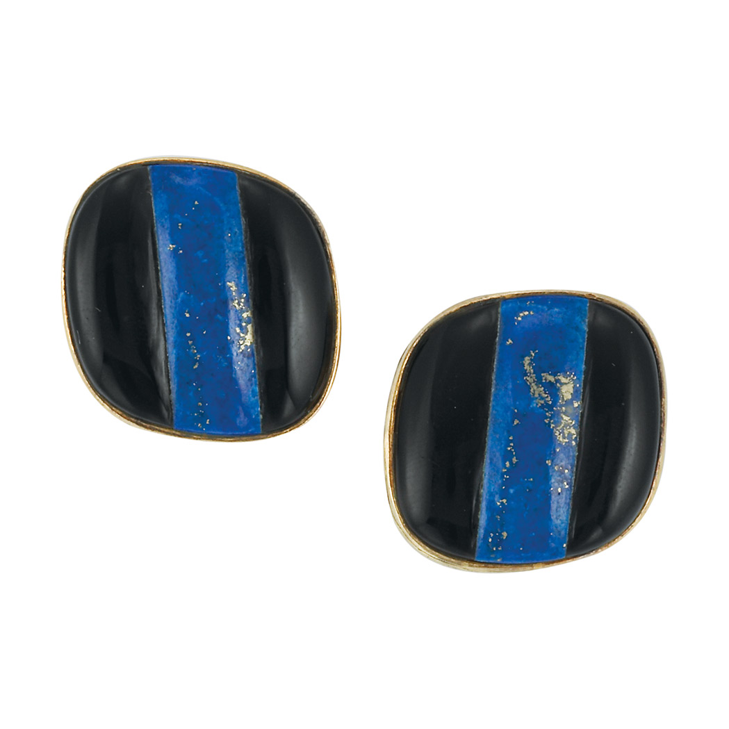 Lot image - Pair of Black Onyx and Lapis Earrings, Kai-Yin Lo