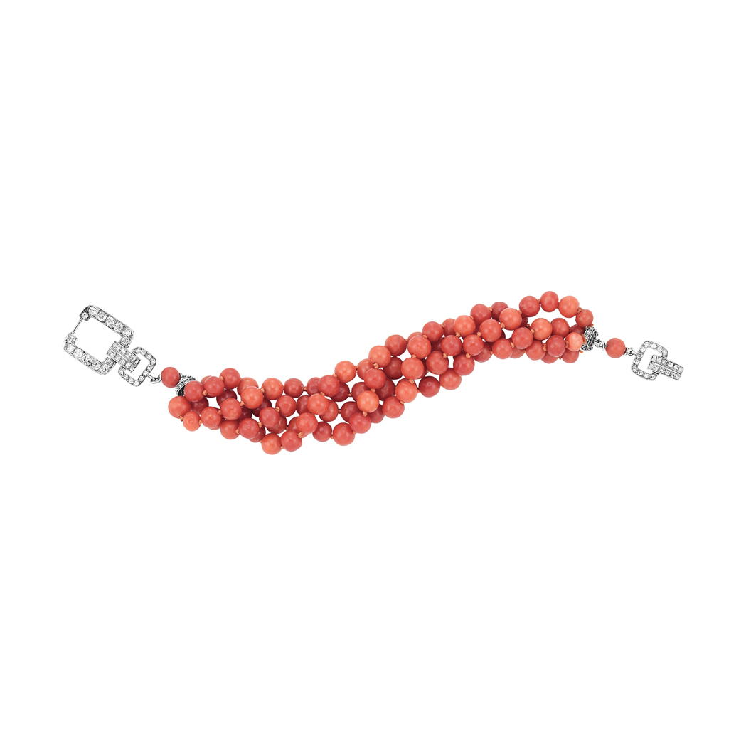 Lot image - Art Deco Four Strand Coral Bead and Diamond Torsade Bracelet