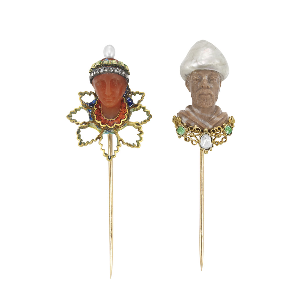 Lot image - Two Antique Gold, Carved Hardstone and Pearl Stickpins