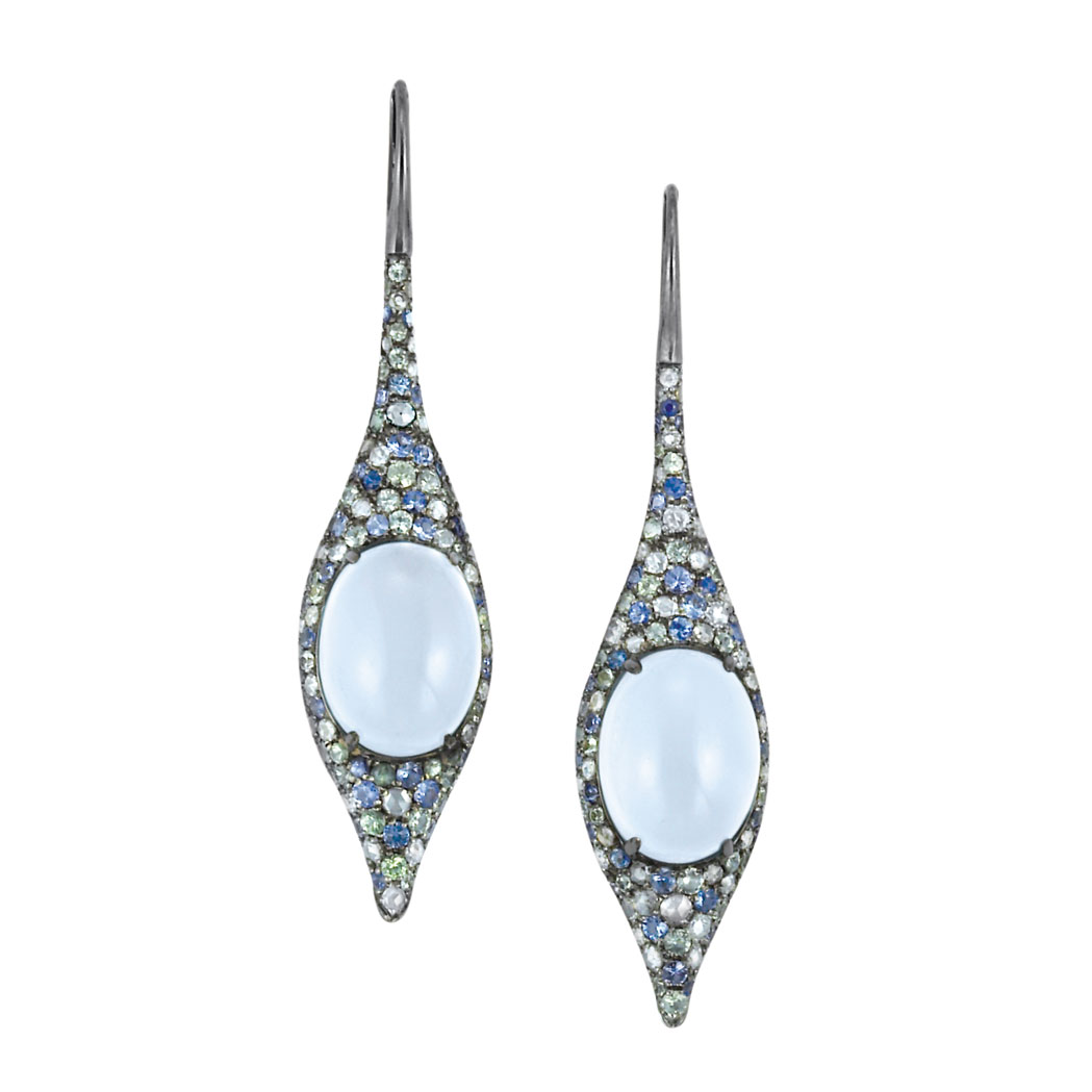 Lot image - Pair of Blackened Gold, Cabochon Aquamarine, Multicolored Sapphire and Diamond Pendant-Earrings