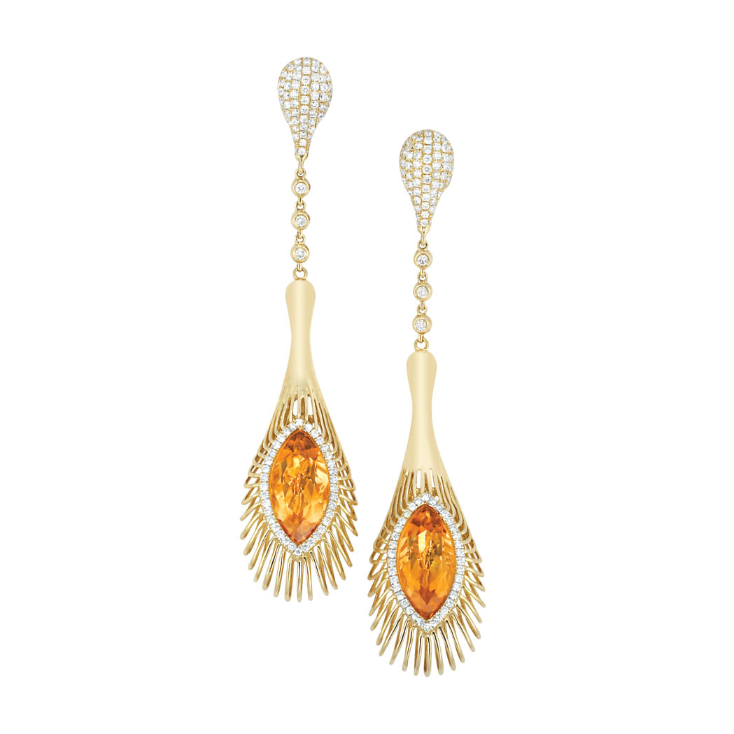 Lot image - Pair of Gold, Citrine and Diamond Pendant-Earrings