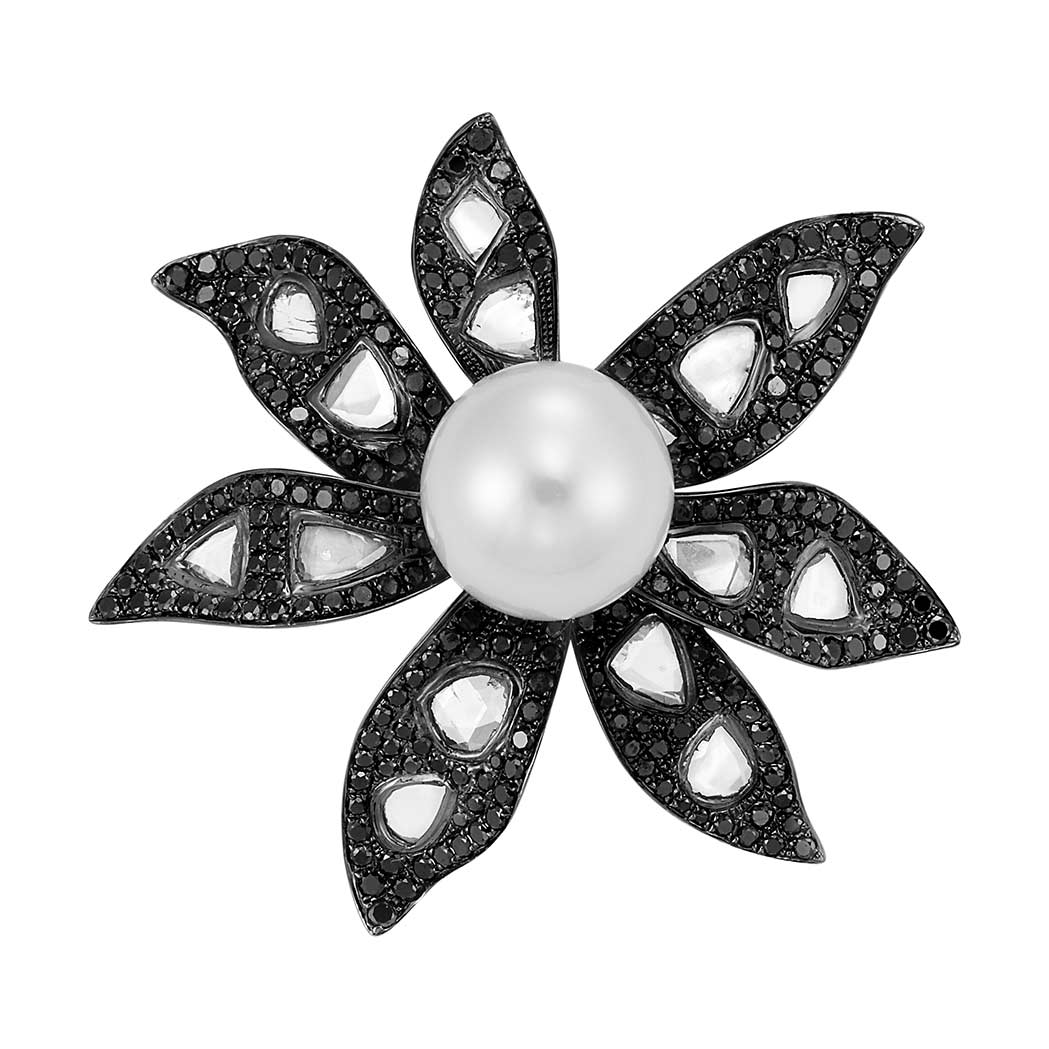 Lot image - Blackened Gold, Cultured Pearl, Diamond and Black Diamond Flower Ring