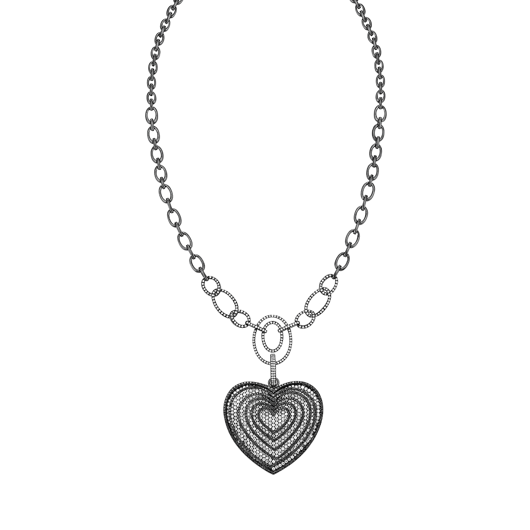 Lot image - Blackened Gold, Diamond and Black Diamond Heart Pendant with Chain