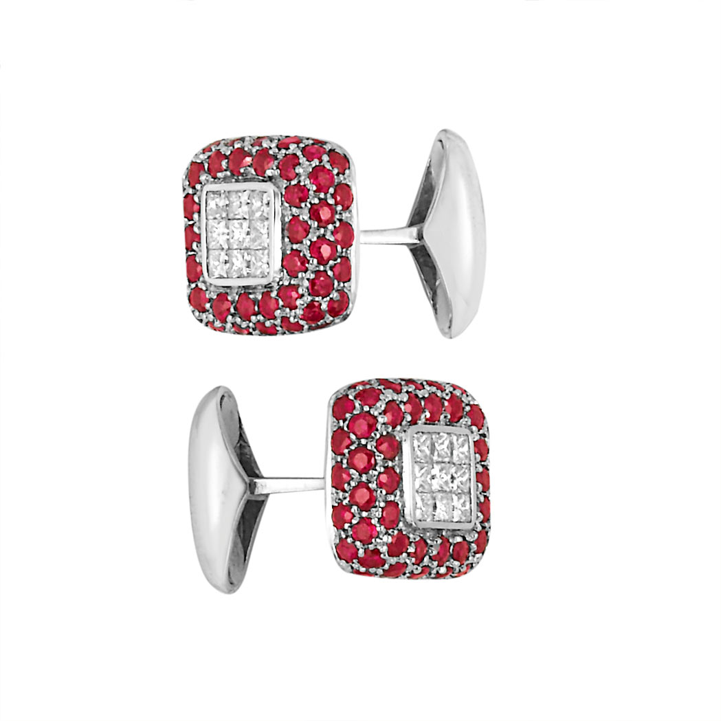Lot image - Pair of White Gold, Diamond and Ruby Cufflinks